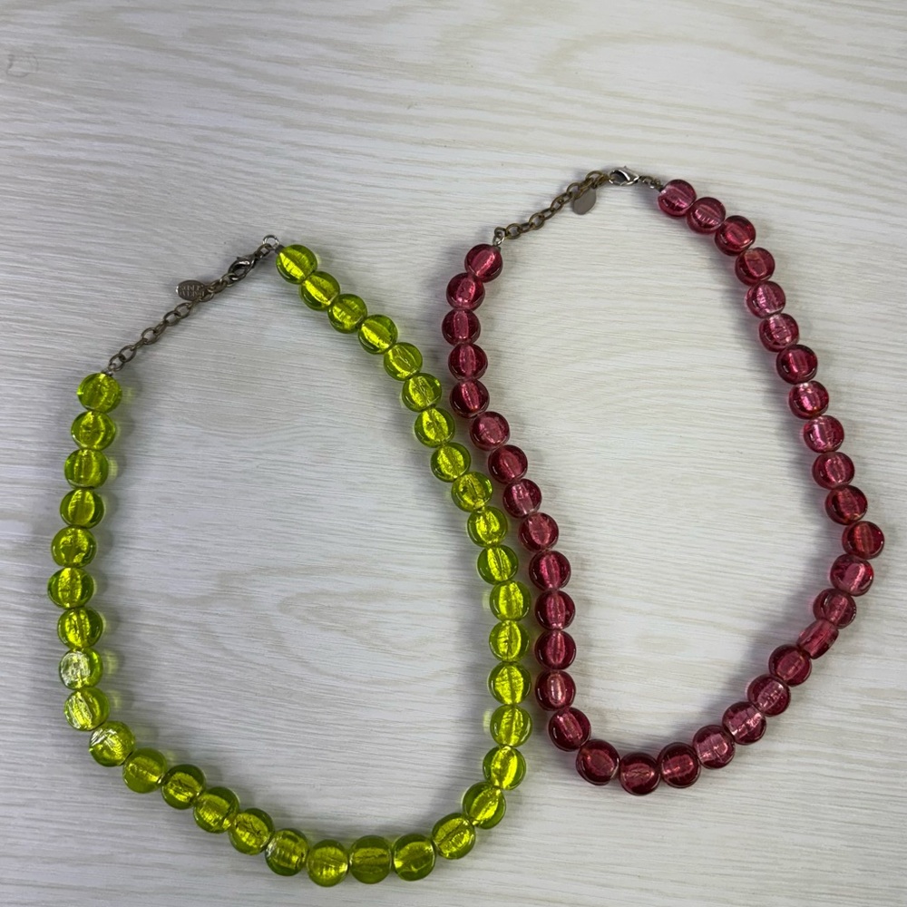 Vintage Baked Beads green / pink Muran glass bead Necklace lot of 2